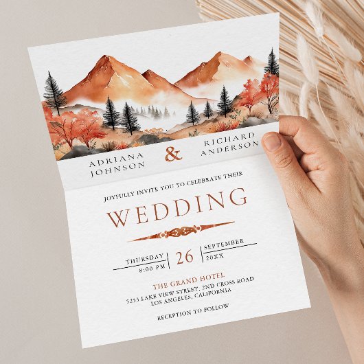 Terracotta Mountain Forest Photo QR Code Wedding 招待状