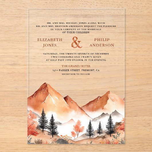 Terracotta Mountain Forest Wedding アクリル招待状 (正面)
