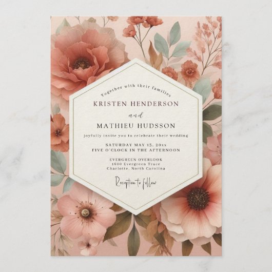 Terracotta Muted Blossom Wedding 招待状 (正面)
