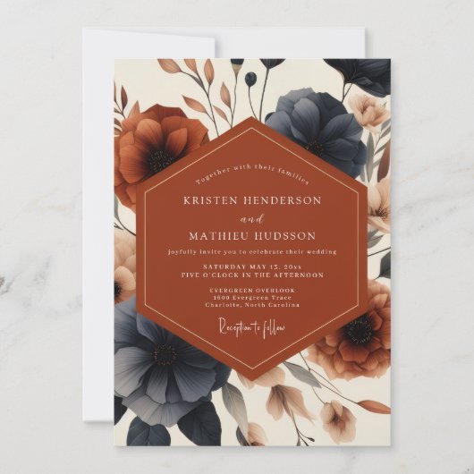 Terracotta Navy Bloom Autumn Wedding 招待状 (正面)