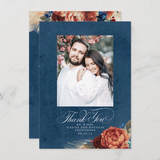 Terracotta Navy Blue結婚's Thank You Photo サンキューカード (正面/裏面)