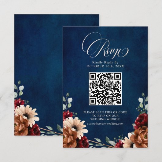 Terracotta Navy Blue Burgundy Geometric QR code 出欠カード (正面/裏面)