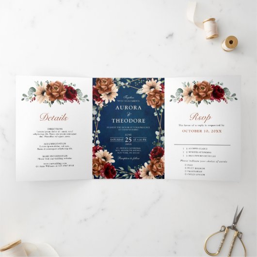 Terracotta Navy Blue Burgundy Geometric Wedding 三つ折り案内状 (内部)