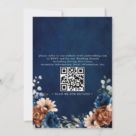 Terracotta Navy Blue Greenery Chic QR Code Wedding 招待状 (裏面)