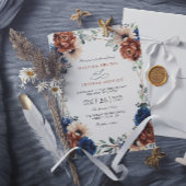 Terracotta Navy Blue Greenery Chic QR Code Wedding 招待状