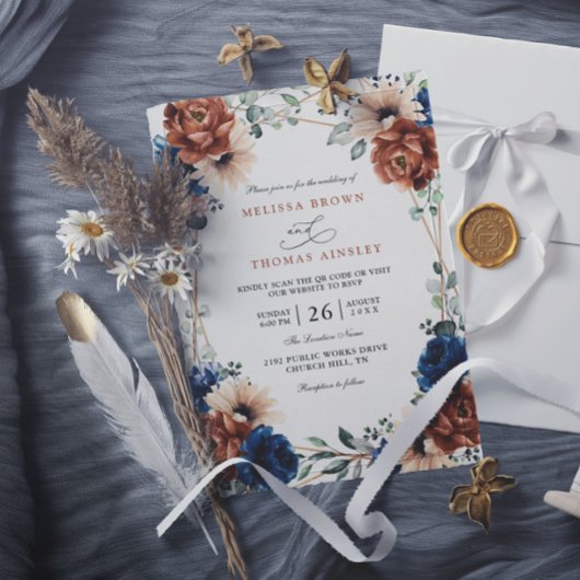 Terracotta Navy Blue Greenery Chic QR Code Wedding 招待状