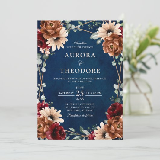 Terracotta Navy Burgundy Red  Geometric Wedding  招待状 (スタンド正面)