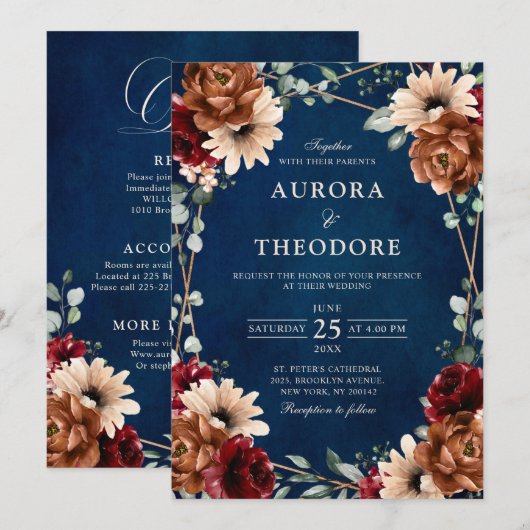 Terracotta Navy Burgundy Red  Geometric Wedding  招待状 (正面/裏面)