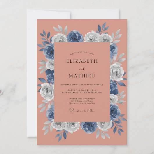 Terracotta Navy Floral Autumn Wedding 招待状 (正面)