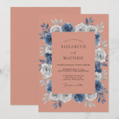 Terracotta Navy Floral Autumn Wedding 招待状 (正面/裏面)