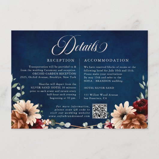 Terracotta Navy Greenery Burgundy Wedding Details エンクロージャーカード (正面)