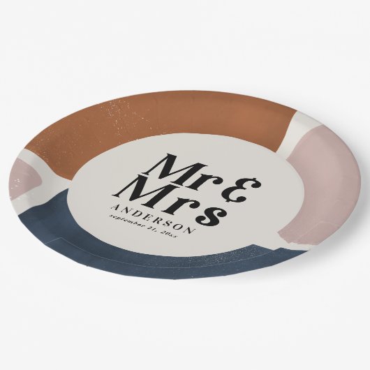 terracotta navy painterly abstract wedding mr mrs ペーパープレート (アングル)