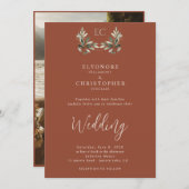 Terracotta Olive Branch Monogram Photo Wedding  招待状 (正面/裏面)