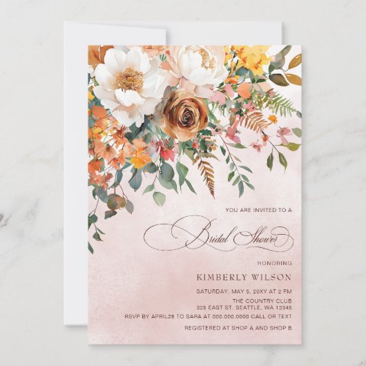 Terracotta Orange Floral Fall Bridal Shower 招待状 (正面)