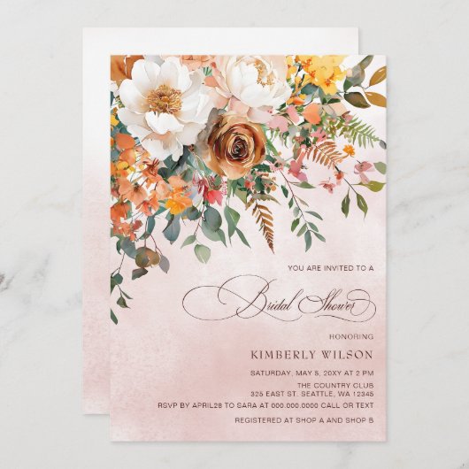 Terracotta Orange Floral Fall Bridal Shower 招待状 (正面/裏面)