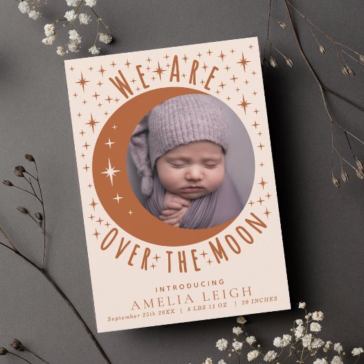 Terracotta Over the Moon Photo Birth Announcement 招待状