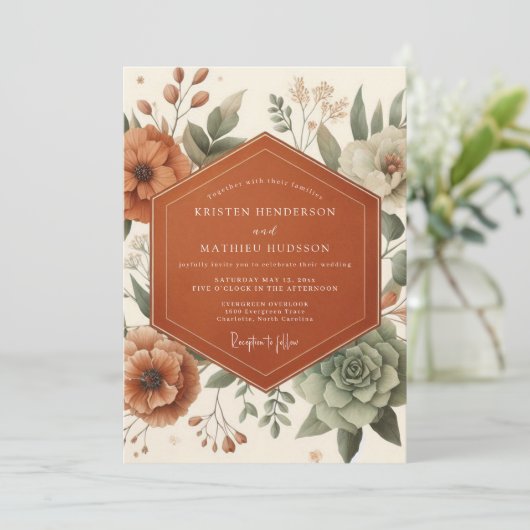 Terracotta Painterly Flora Wedding 招待状 (スタンド正面)