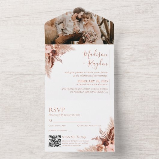 Terracotta Pampasエレガント写真QRコード結婚ズ オールインワン招待状 (内側)