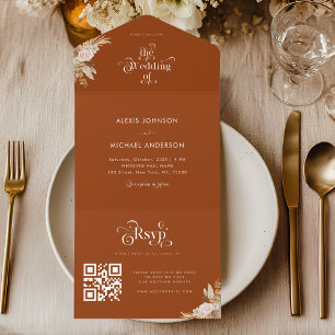 Terracotta Pampas Grass & Retro Boho Typography オールインワン招待状