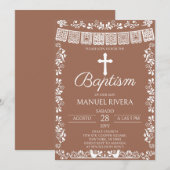 Terracotta Papel Picado Baptism 招待状 (正面/裏面)