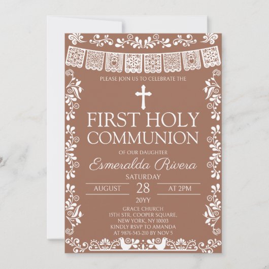 Terracotta Papel Picado First Holy Communion 招待状 (正面)