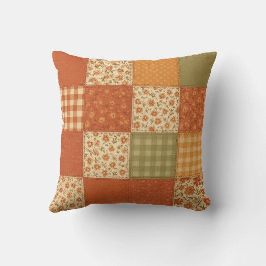 Terracotta Patchwork Quilt Rustic Farmhouse Floral クッション (裏面)
