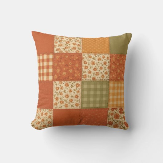 Terracotta Patchwork Quilt Rustic Farmhouse Floral クッション (正面)