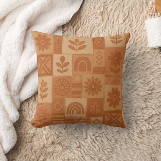 Terracotta Patchwork Quilt Rustic Farmhouse Floral クッション (ブランケット)