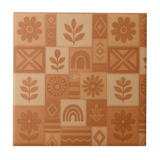 Terracotta Patchwork Quilt Rustic Farmhouse Floral タイル (正面)