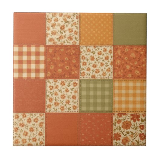 Terracotta Patchwork Quilt Rustic Farmhouse Floral タイル (正面)