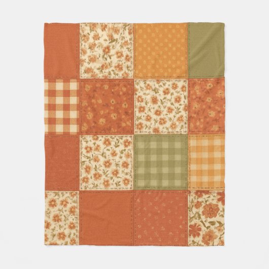 Terracotta Patchwork Quilt Rustic Farmhouse Floral フリースブランケット (正面)
