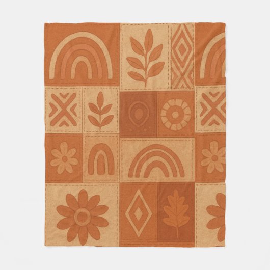 Terracotta Patchwork Quilt Rustic Farmhouse Floral フリースブランケット (正面)