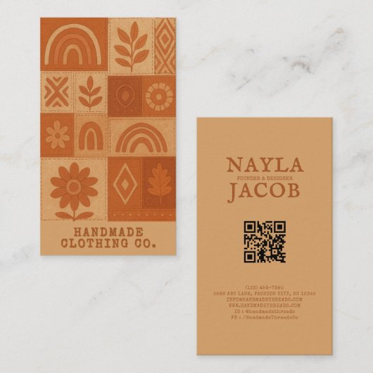 Terracotta Patchwork Quilt Rustic Farmhouse Floral 名刺 (正面/裏面)