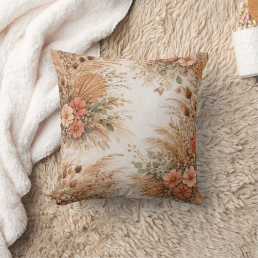 Terracotta Peach Boho Pampas Floral クッション (ブランケット)