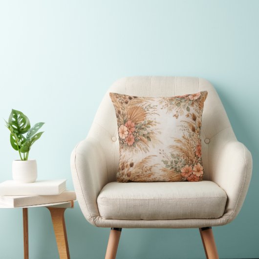 Terracotta Peach Boho Pampas Floral クッション (椅子)