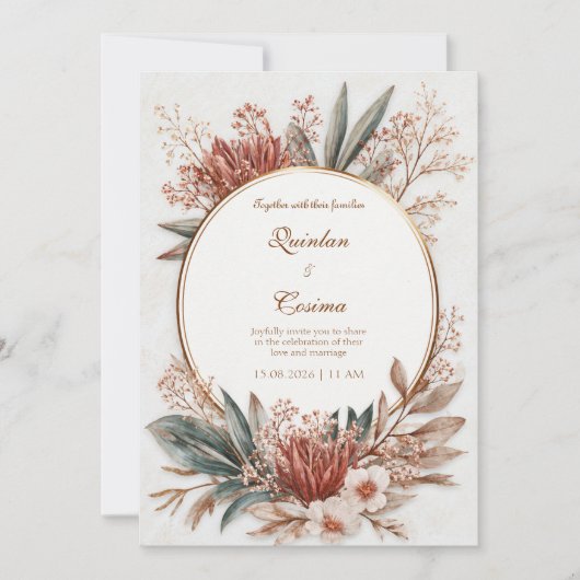 Terracotta Protea Teal Leaf Gold Circle Wedding 招待状 (正面)