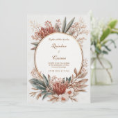 Terracotta Protea Teal Leaf Gold Circle Wedding 招待状 (スタンド正面)