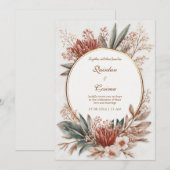 Terracotta Protea Teal Leaf Gold Circle Wedding 招待状 (正面/裏面)