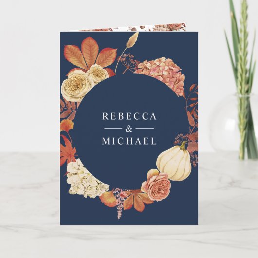 Terracotta Pumpkin Floral QR Code Navy Wedding 招待状 (正面)