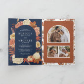 Terracotta Pumpkin Floral QR Code Navy Wedding 招待状 (内部)