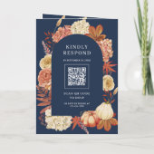 Terracotta Pumpkin Floral QR Code Navy Wedding 招待状 (裏面)