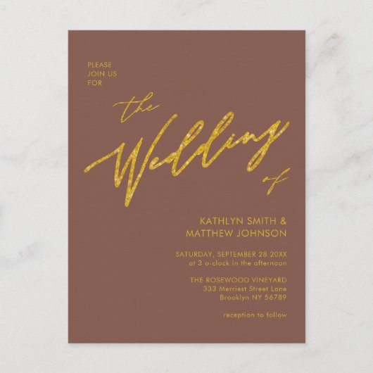 Terracotta QRコード金ゴールドスクリプト結婚すべて インビテーションポストカード (正面)