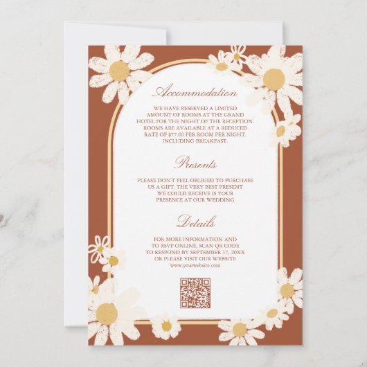 Terracotta Retro Yellow Daisy All in One Wedding 招待状 (裏面)