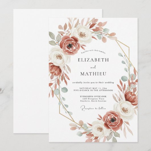 Terracotta Romantic Botanical Wedding 招待状 (正面/裏面)