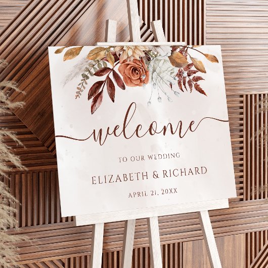 Terracotta Rust Flowers Boho Fall Wedding Welcome ポスター