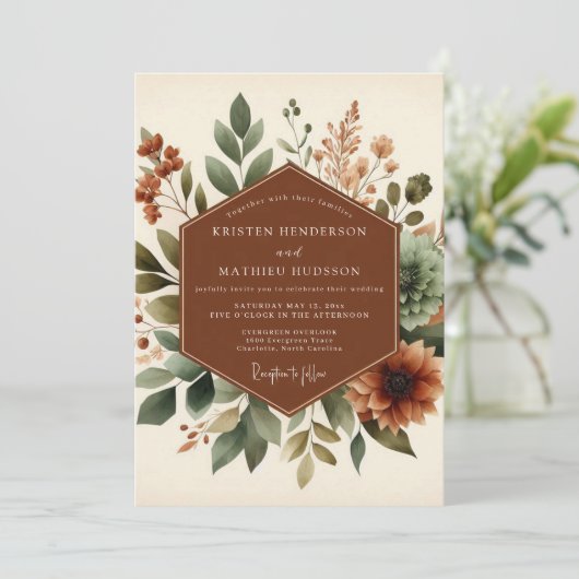 Terracotta Rustic Botanical Wedding 招待状 (スタンド正面)