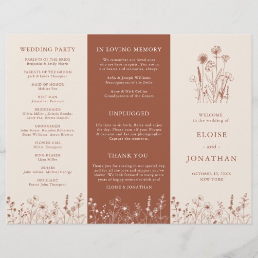 Terracotta Rustic Fall Wildflower Wedding Program (正面)