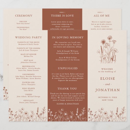 Terracotta Rustic Fall Wildflower Wedding Program (正面/裏面)