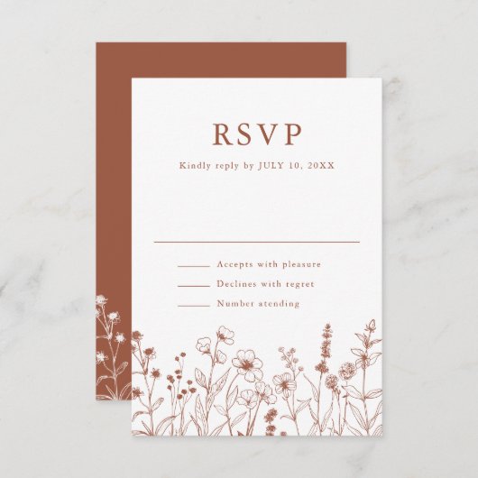 Terracotta Rustic Floral Fall Wildflower Wedding 出欠カード (正面/裏面)
