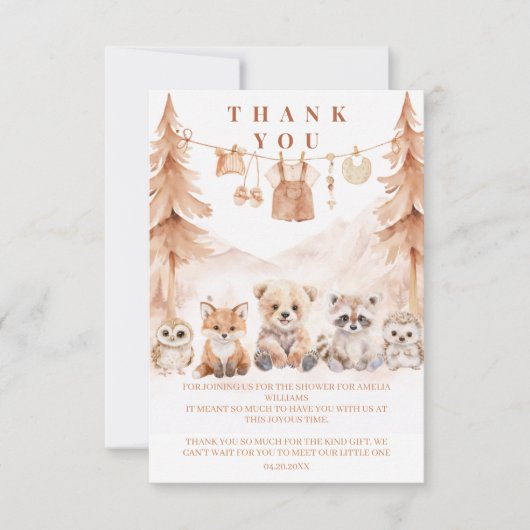 Terracotta Rustic Forest Baby Shower サンキューカード (正面)